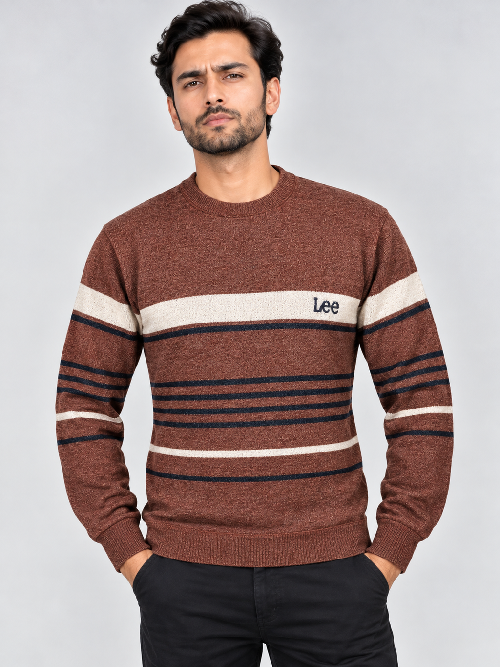 Brown & Navy Striped Knit Sweater