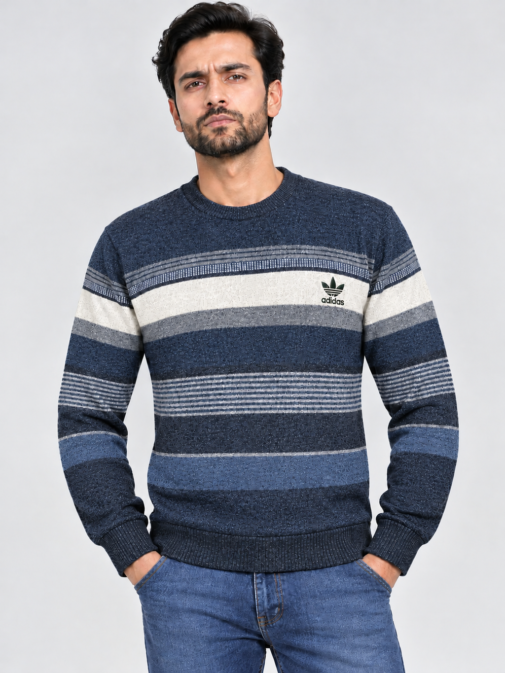 Navy Blue & Grey Striped Knit Sweater
