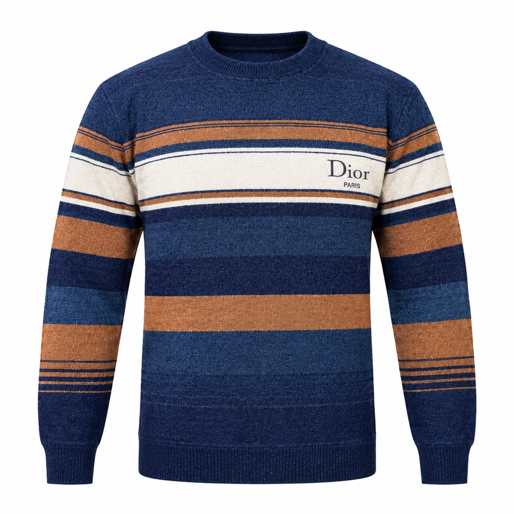 NAVY BLUE STRIPED KNIT SWEATER – RUST & CREAM CREWNECK
