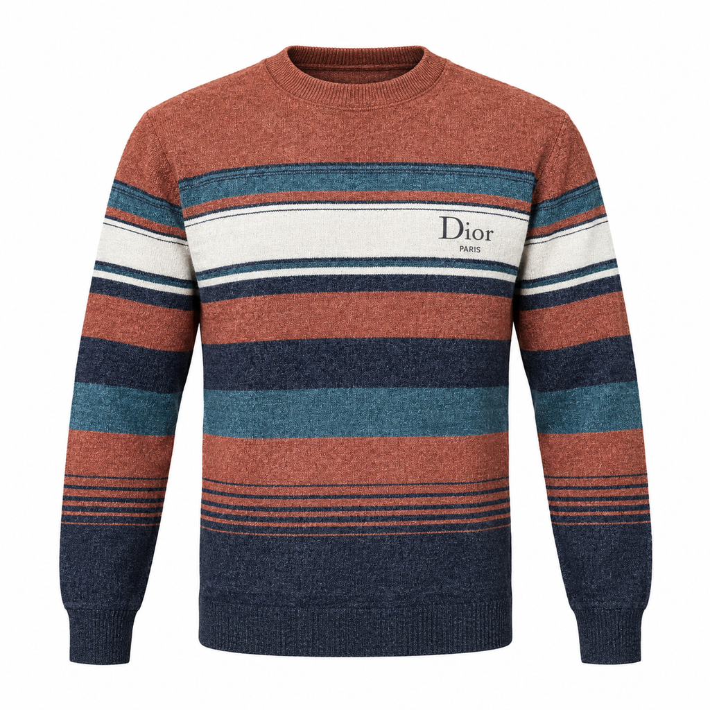RUST BROWN & NAVY STRIPED KNIT SWEATER– CREAM CREWNECK