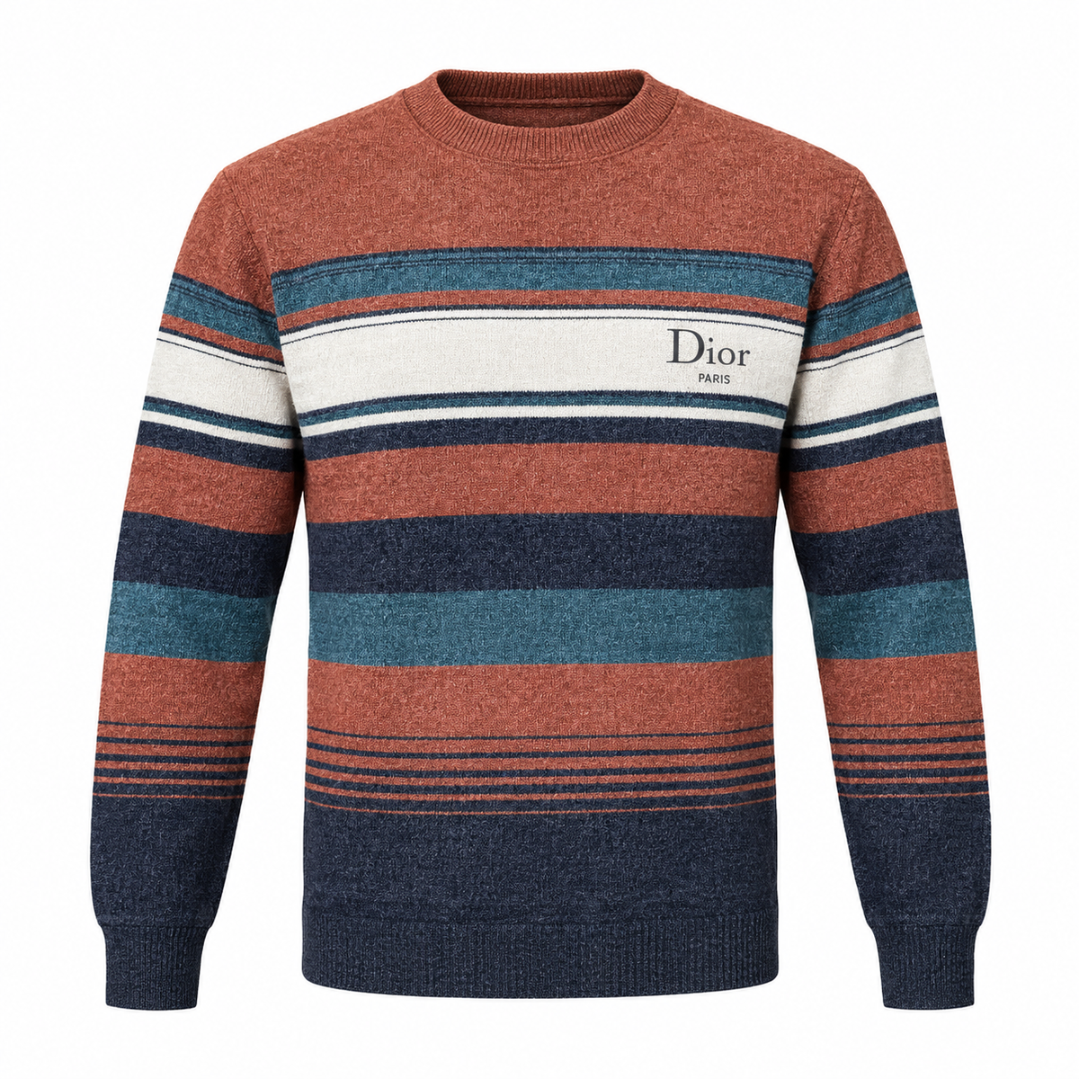 RUST BROWN & NAVY STRIPED KNIT SWEATER– CREAM CREWNECK