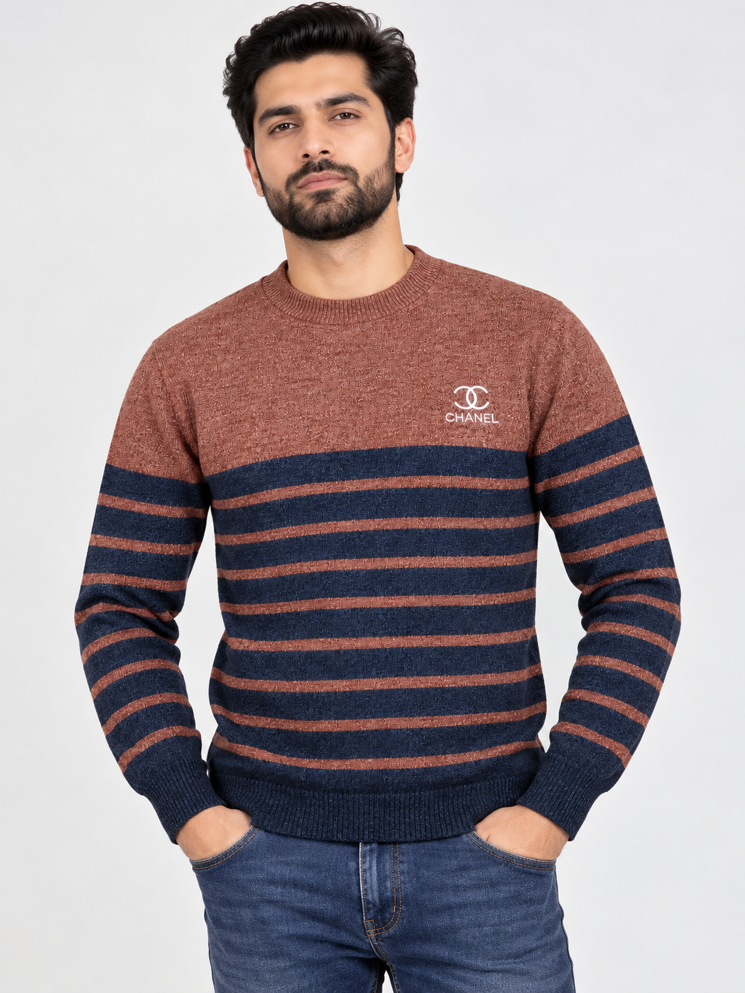Rust Brown & Navy Striped Knit Sweater