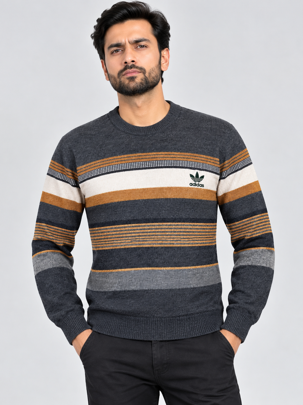 Charcoal Grey & Mustard Striped Knit Sweater