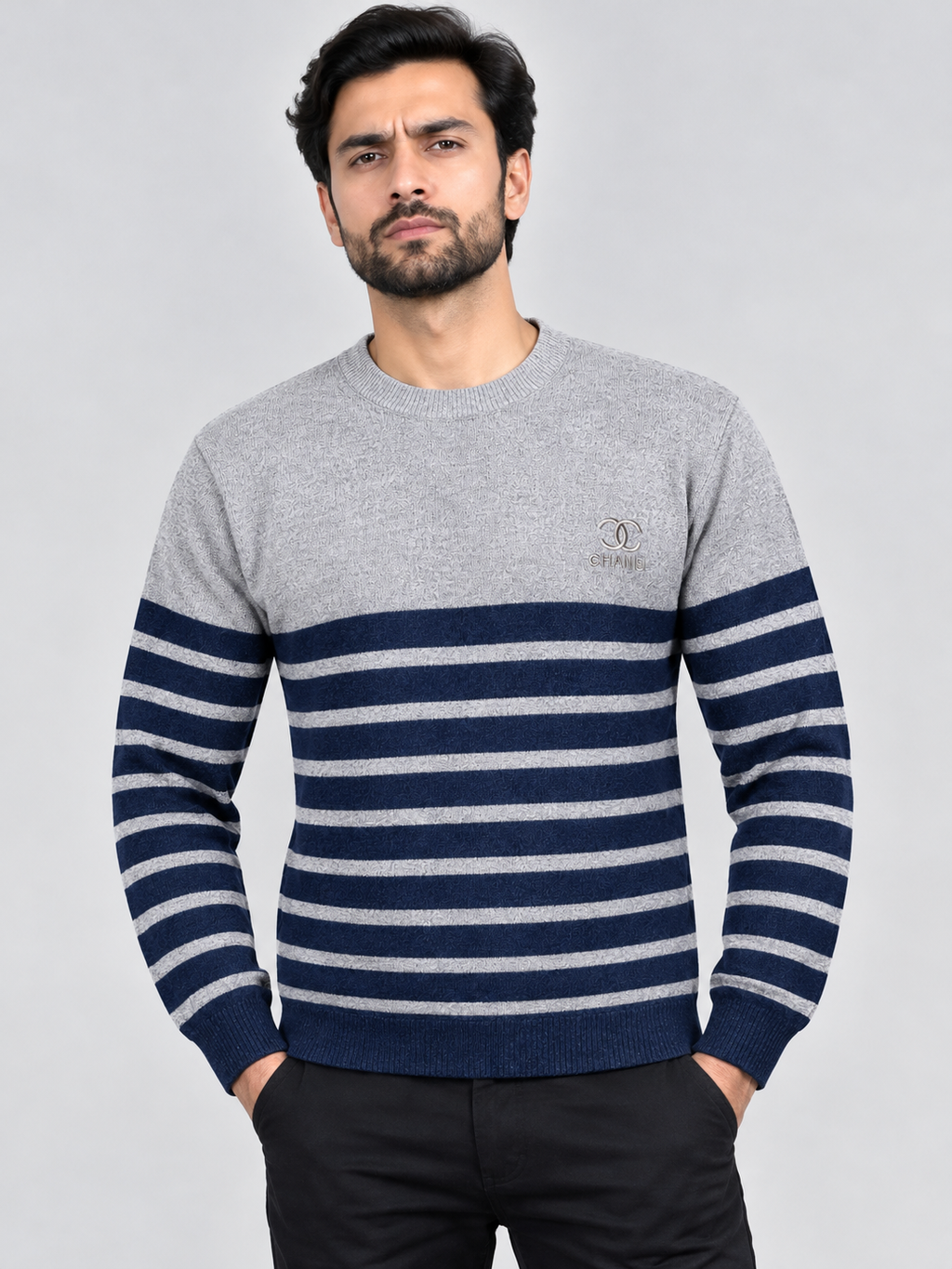 Navy & Heather Grey Striped Knit Sweater