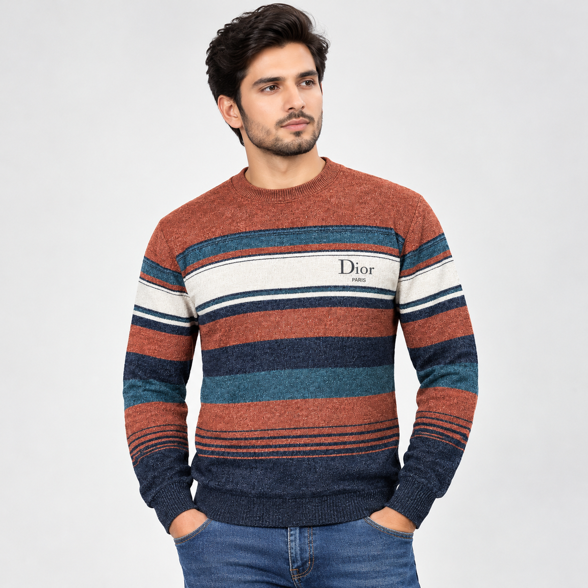 RUST BROWN & NAVY STRIPED KNIT SWEATER– CREAM CREWNECK