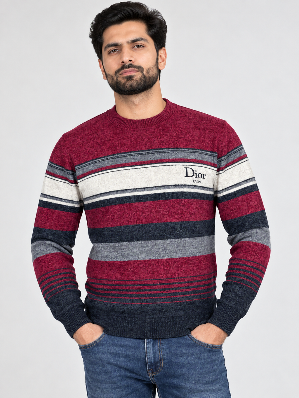 Burgundy & Charcoal Striped Knit Sweater