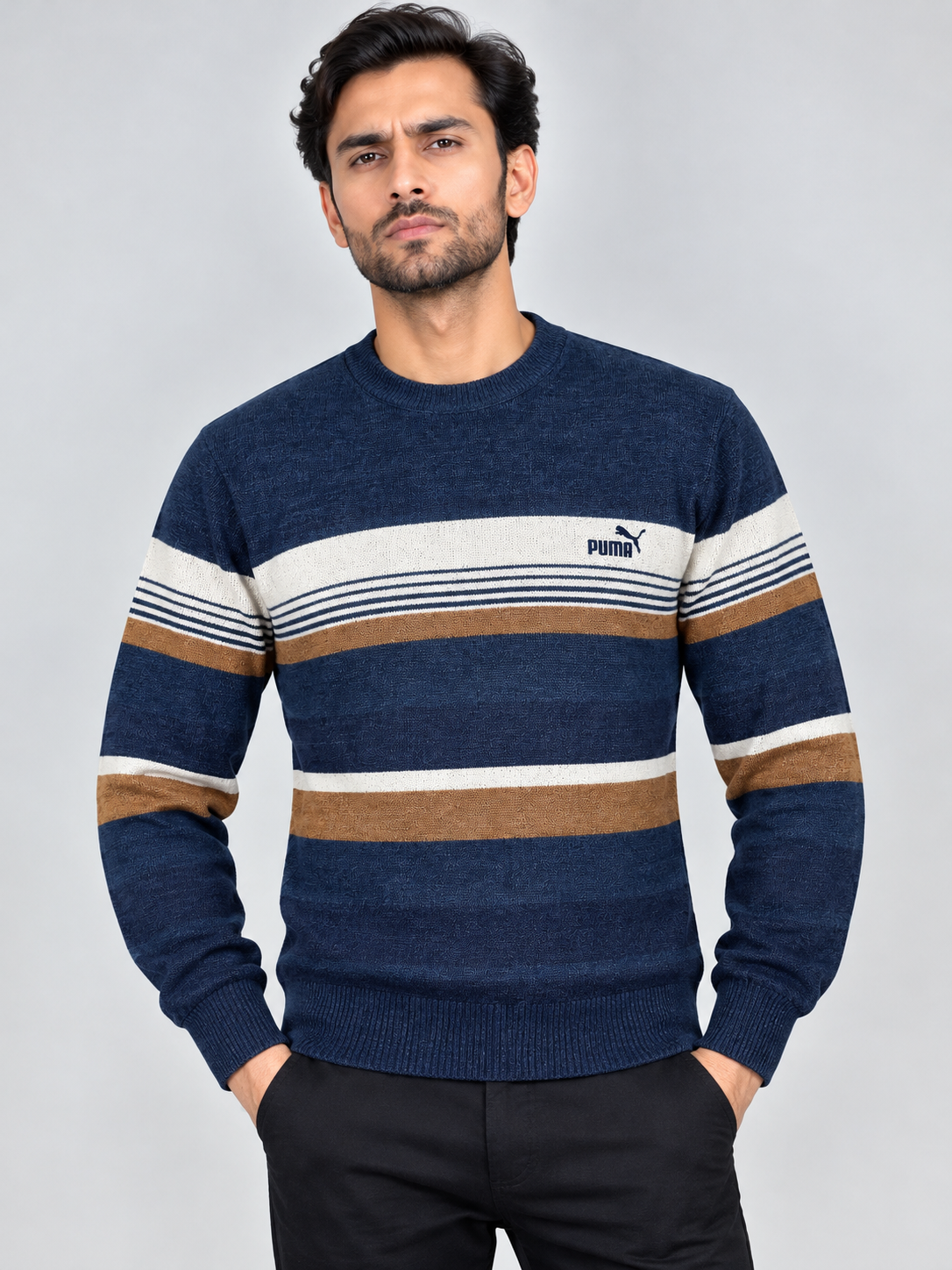 Navy Blue Striped Knit Sweater – Classic Winter Wear