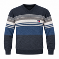 Navy Blue & Grey Striped V-Neck Knit Sweater