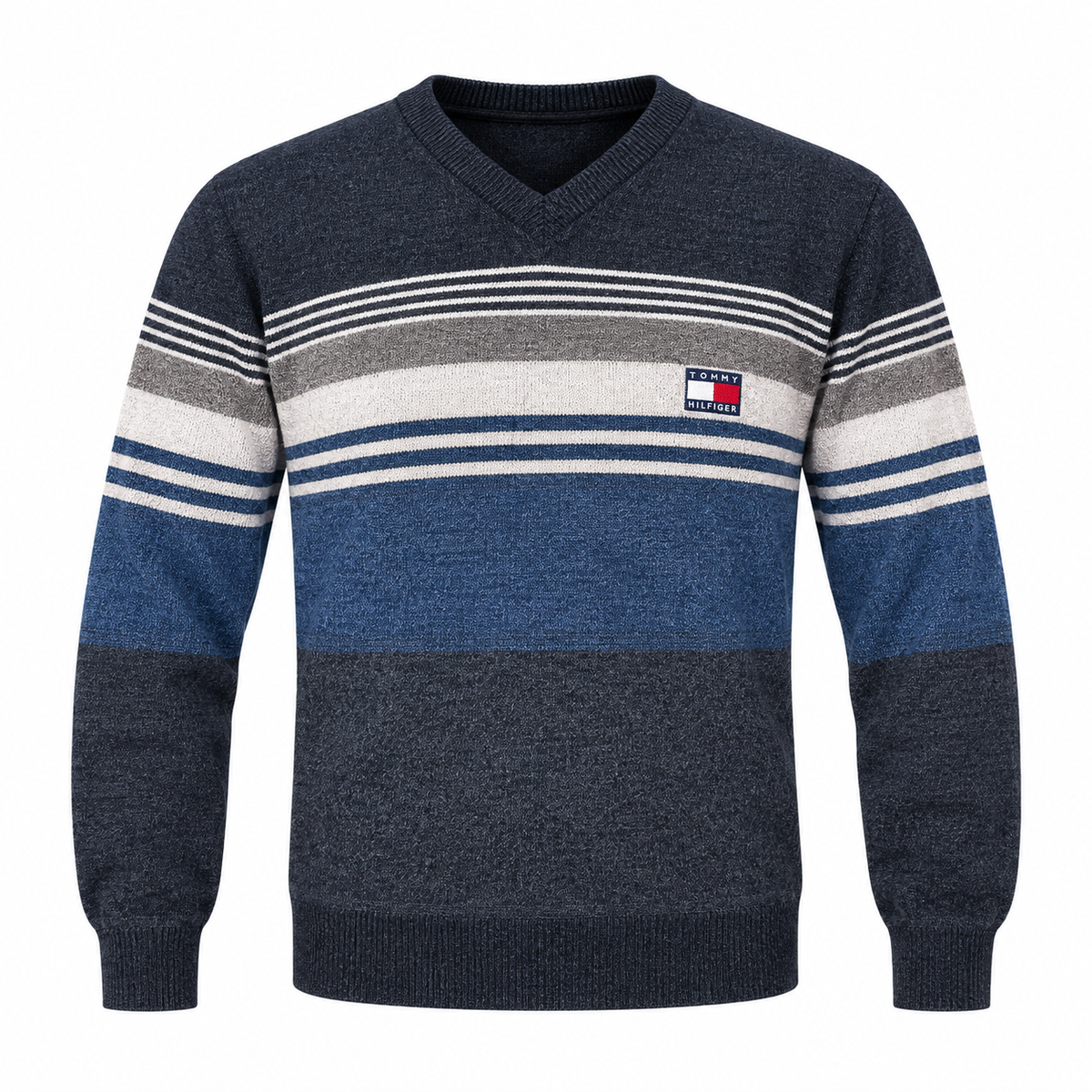 Navy Blue & Grey Striped V-Neck Knit Sweater