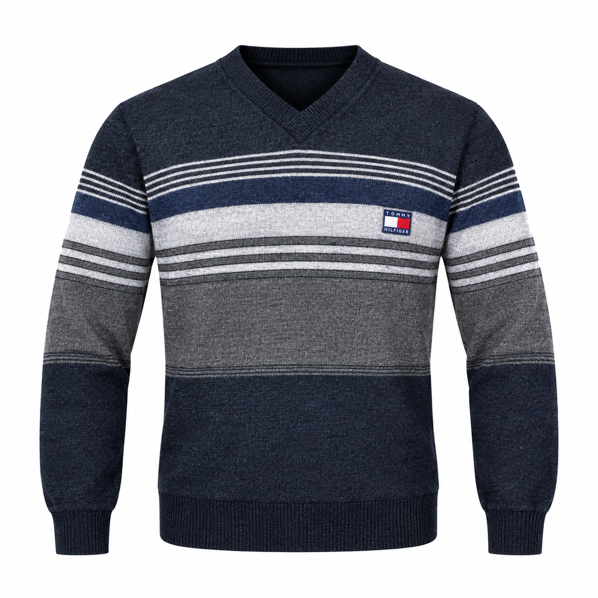 Charcoal & Navy Blue Striped V-Neck Knit Sweater