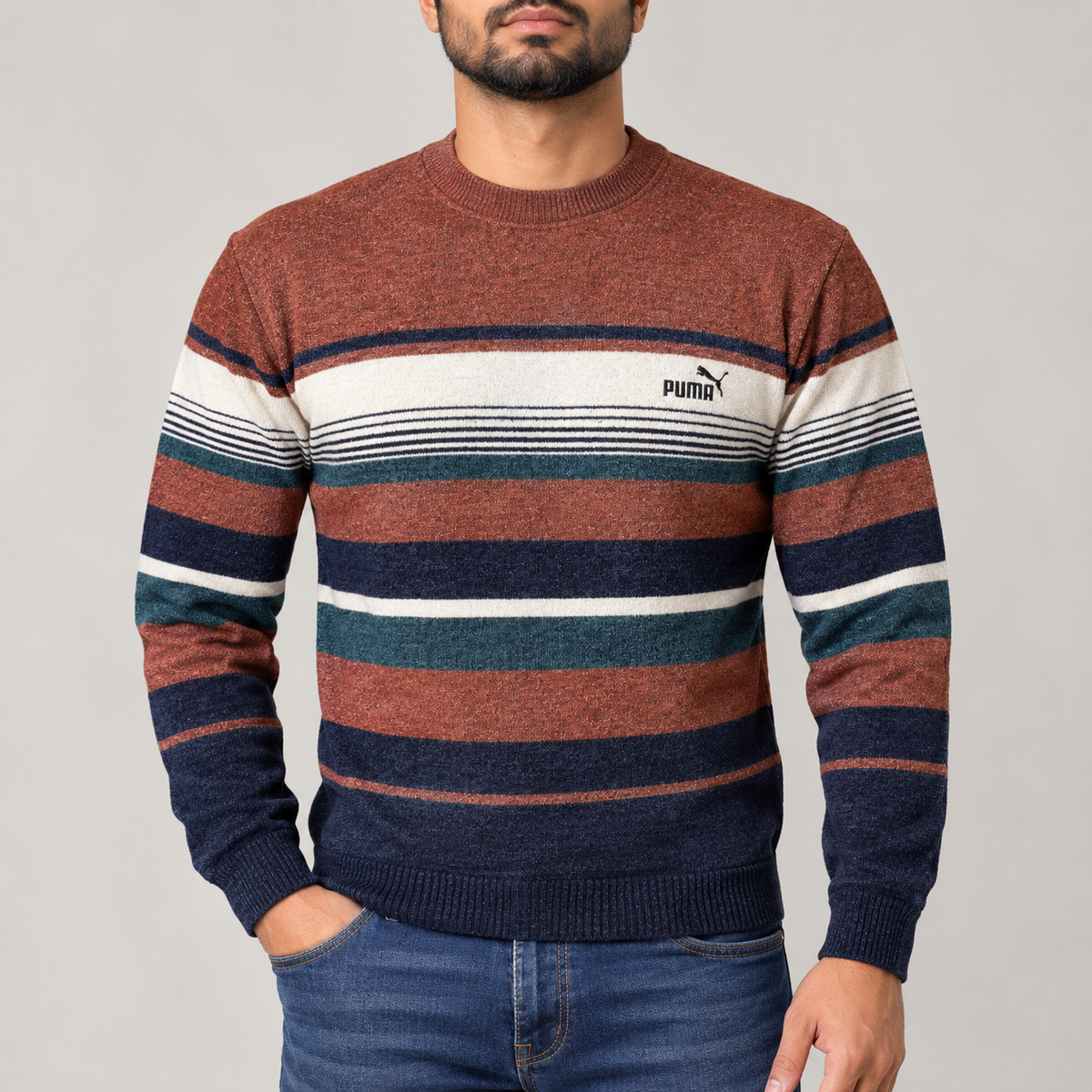RUST & NAVY - RETRO STRIPED KNIT CREWNECK SWEARER