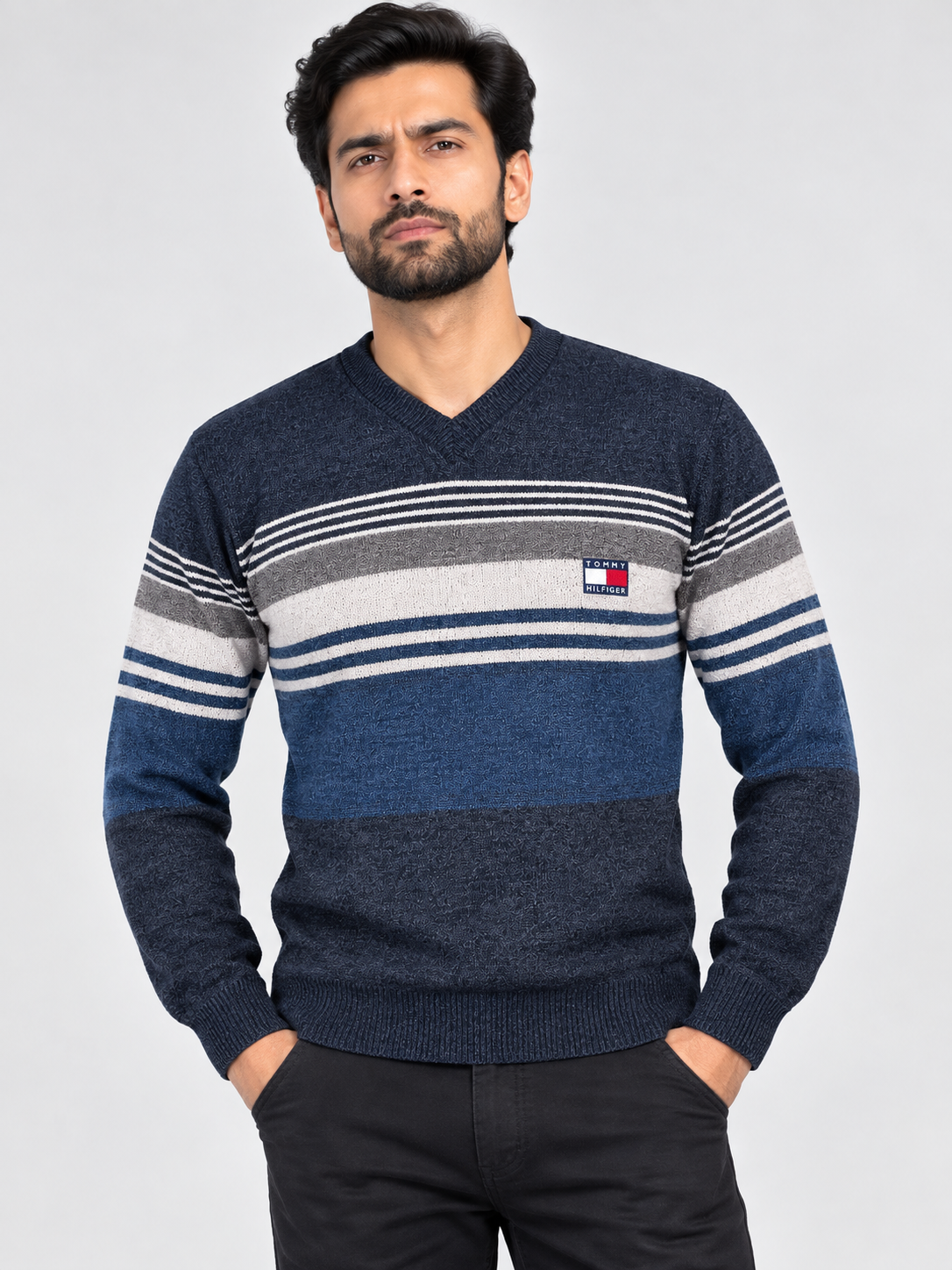 Navy Blue & Grey Striped V-Neck Knit Sweater