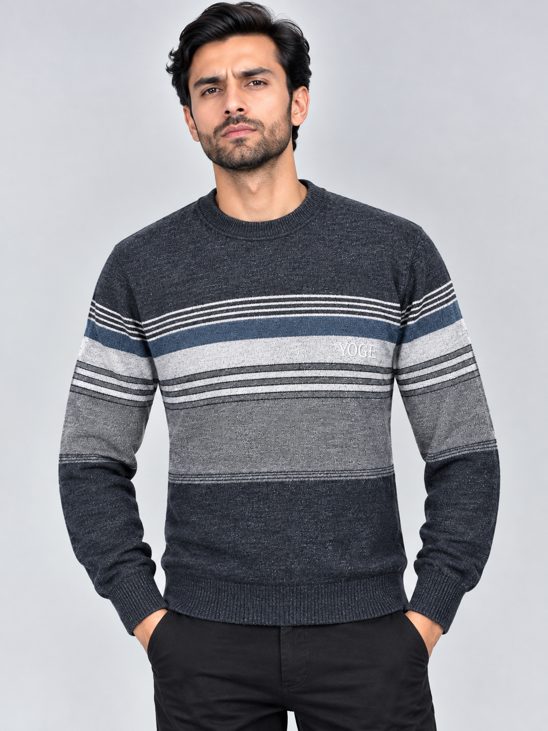 Charcoal Grey Striped Knit Sweater – Classic Crew Neck