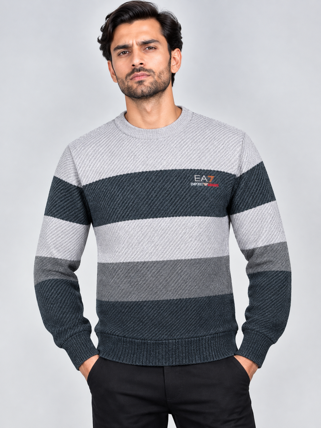 Textured Colorblock Knit Sweater – Grey & Charcoal