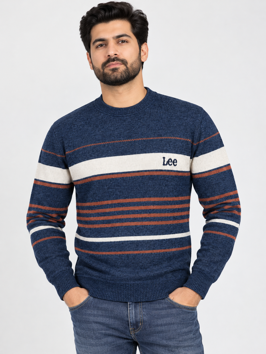 Navy Blue Striped Knit Sweater – Classic Crewneck