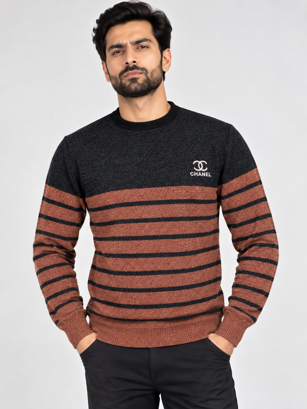 Rust Brown & Charcoal Striped Knit Sweater
